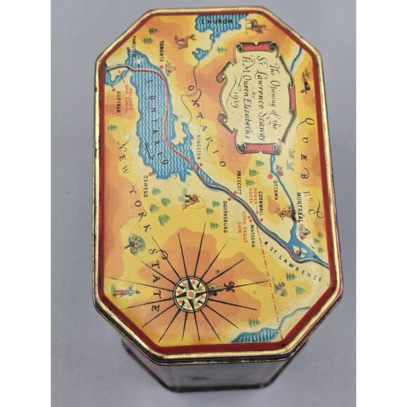 Queen Elizabeth II Biscuit Tin 1956 Opening St. Lawrence Seaway Gray‎ Dunn & Co - Picture 7 of 11